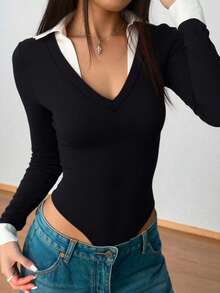 Solid Color Knit Fabric Patchwork Ribbed Long Sleeve Bodysuit, Beach Resort, Spring - Black and White - View 1