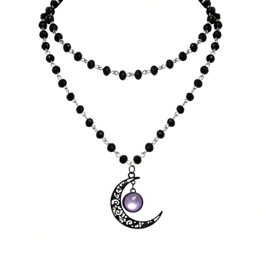 Rrdaily Gothic Moon Crystal Necklace Punk Style Moon Pendant Necklaces Vintage Black Crescent Necklace Dark Gothic Necklaces Costume Jewelry New Year Jewelry For Women{Inchcolor_nameinch:InchPurple4inch} - 紫色4 - 查看 1