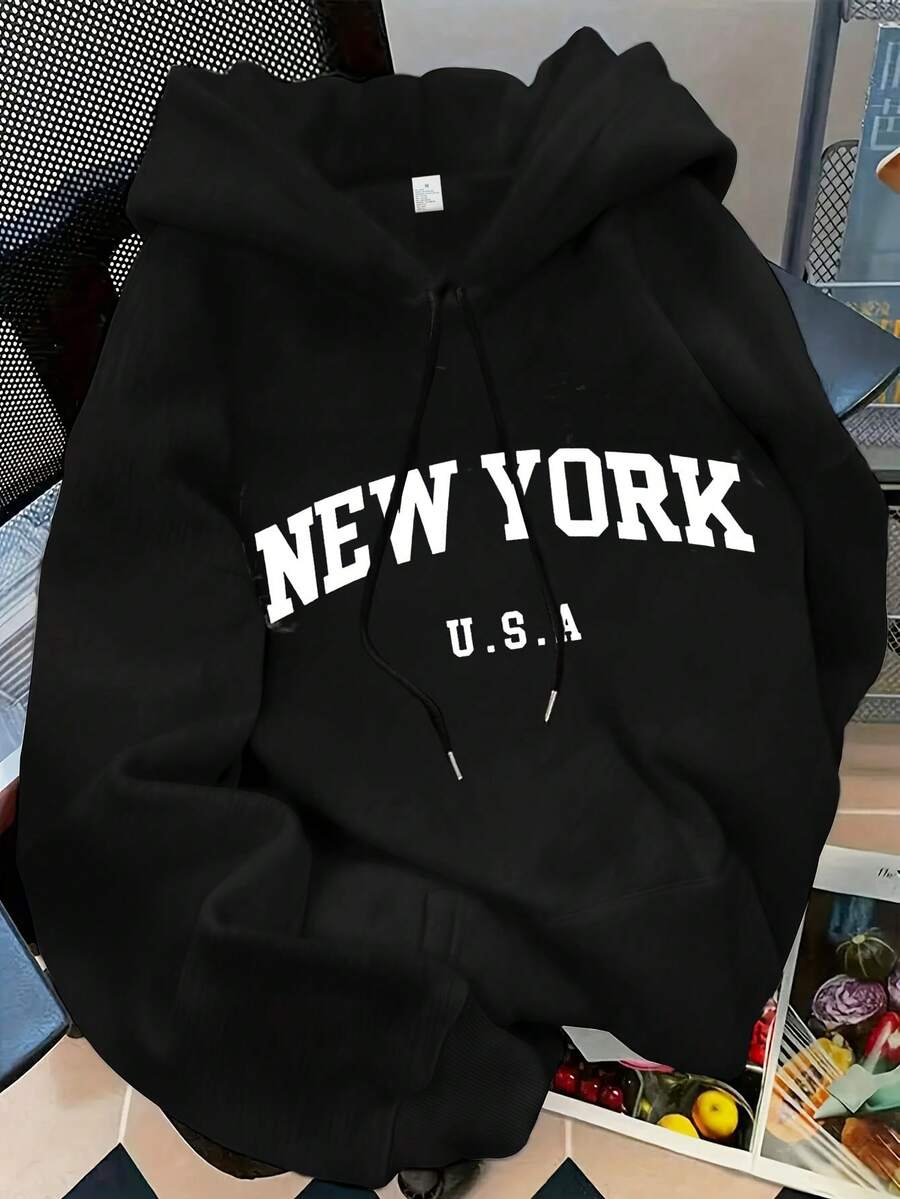 2025Women's Autumn And Winter Versatile Casual Sport Hooded Sweatshirt With Print, Fashionable Comfort CoatSoft And Breathable - 黑色 - 查看 1