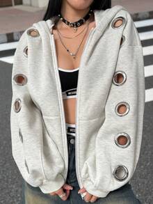 镂空金属环超大拉链连帽衫，适合秋、冬、春三季穿着，适合度假、上学、居家、日常、街头、摄影等各种场合，简约、Y2K、休闲、学院风、街头风、办公风、可爱风、性感风，也适合秋季、冬季、圣诞节、新年等节日，还适合外出、角色扮演等场合，时尚百搭。 - 淺灰色 - 查看 5