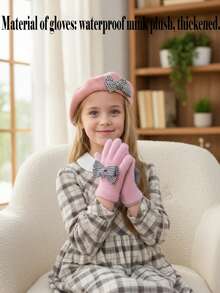 2pcs/Set Girls Knitted Beret Hat & Gloves Set, Elegant, Cute Artist Beret, Acrylic Yarn, Stylish Plaid Bow Design, Fashionable, Thin For Early Winter - 2pcs - View 7