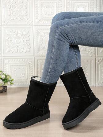 1 Pair Thick Plush Tall Boots, Thick Sole Versatile Women Slip-On Mid-Calf Boots