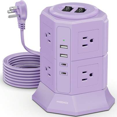 12-In-1 Tower Power Strips With Surge Protection 1080J, 8 Outlets With 4 USB Ports (2 USB C), 6.5 Long Extension Cord With Multiple Outlets 1250W/10A Flat Plug Power Strip Protector