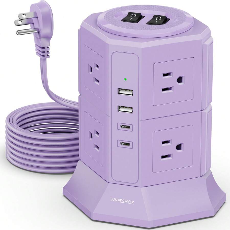 12-In-1 Tower Power Strips With Surge Protection 1080J, 8 Outlets With 4 USB Ports (2 USB C), 6.5 Long Extension Cord With Multiple Outlets 1250W/10A Flat Plug Power Strip Protector - US B Type Plug(110-127V) - View 1