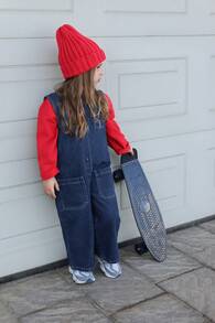 DAZY 女童圆领无袖牛仔背带裤和连体裤，秋季服装 - 深色水洗藍 - 查看 3