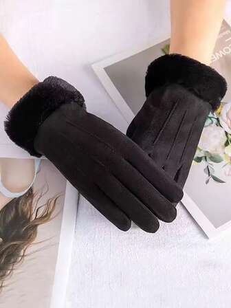 1 Pair Beige Thickened Warm Touchscreen Gloves, Autumn/Winter