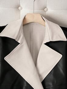 Color Block Double Breasted Trench Coat, Patchwork Solid Color Contrast Pocket Belt Double Button - Apricot - View 3