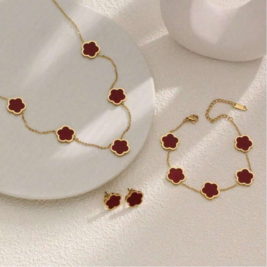 3pcs/Set Classic Lucky Red Five-Petal Flower Stainless Steel Earrings, Necklace, Bracelet Jewelry Set, European And American Fashion Accessories