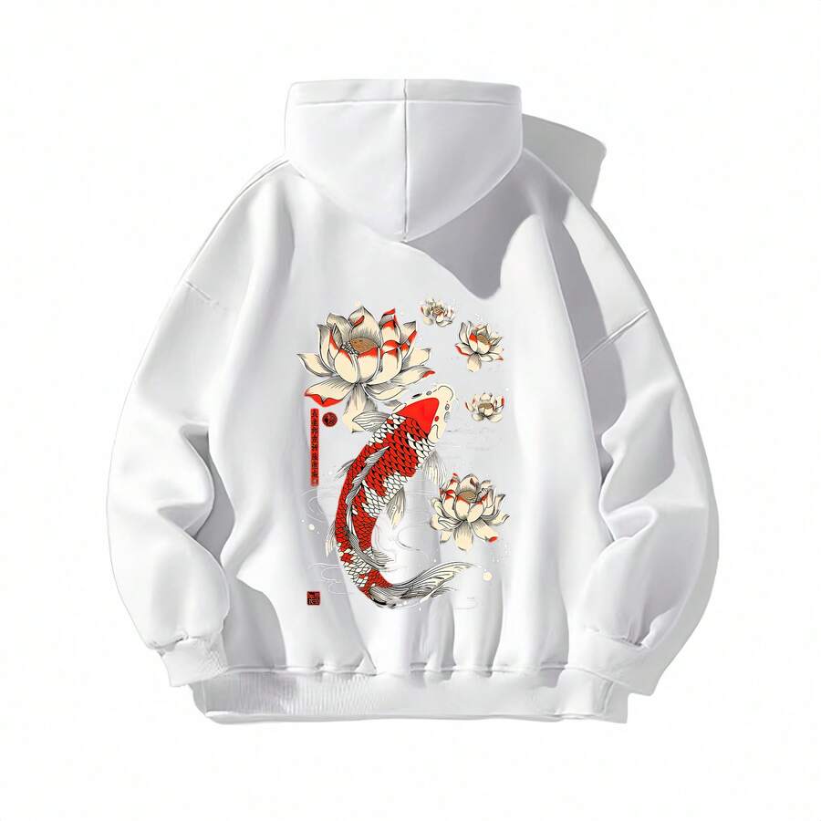 1pc Womens Asian  Inspired Koi Fish  Lotus Flower Graphic Hooded Sweatshirt Regular Fit Drawstring Hooded Sweatshirt  Midweight Slightly Stretchy  Comfortable Fleece  Lined Casual Streetwear For Autumn  Winter Chinese New Year Everyday Wear - 白色 - 查看 1