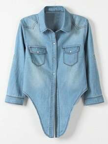 Women's Roll Up 3/4 Sleeve Tie Front Knot Shirt Chambray Denim Crop Top