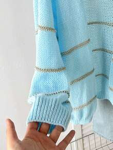 Áo len cardigan tay dài cổ chữ V sọc khối màu thời trang cỡ lớn dành cho nữ - Thiết kế sọc vàng, vải mềm nhẹ - Áo len dệt kim dài ngang gối, mùa thu - Màu xanh lam - Xem 6