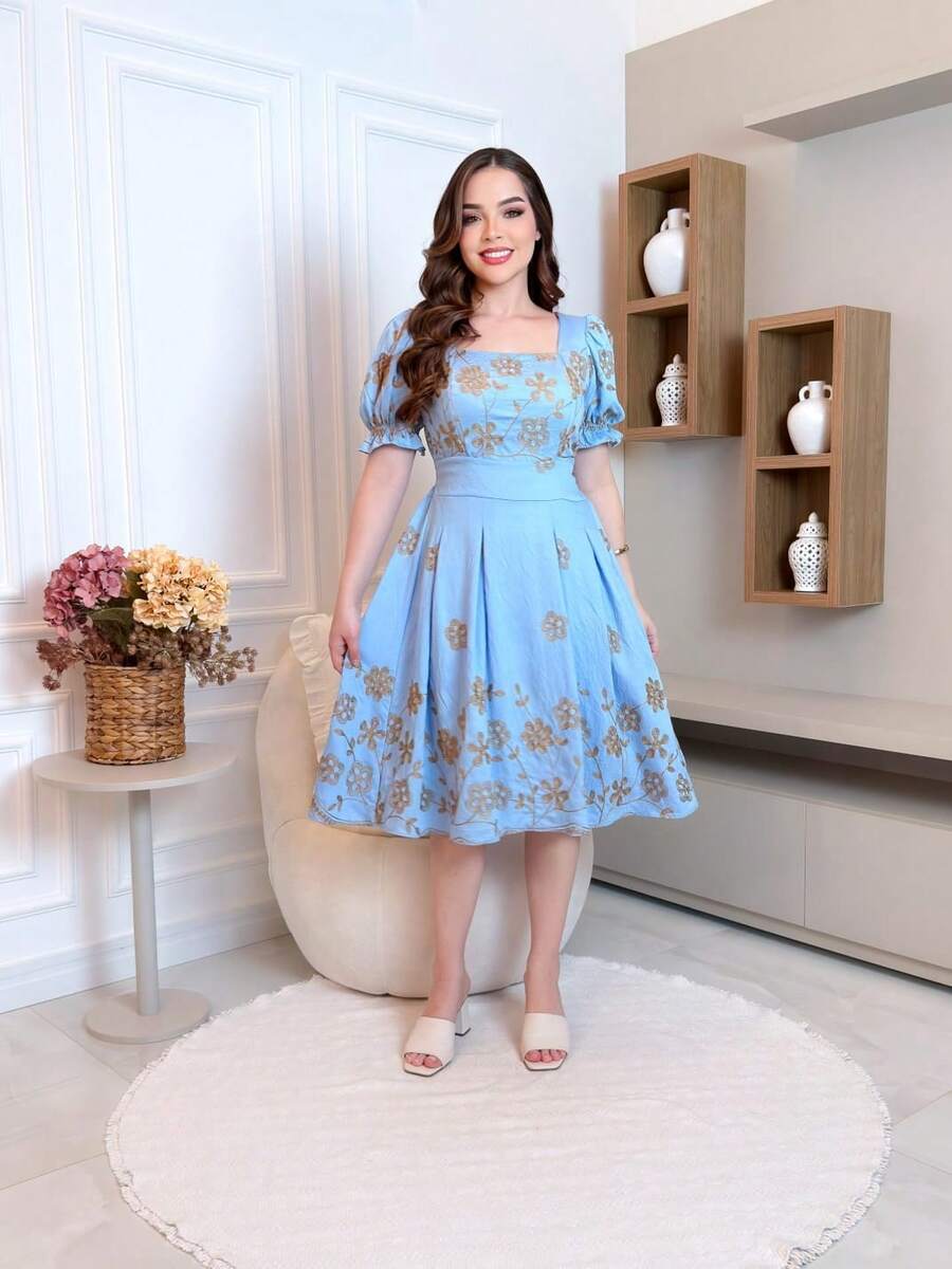 Elegant Viscose Midi Dress With Short Sleeves - Baby Blue - View 1