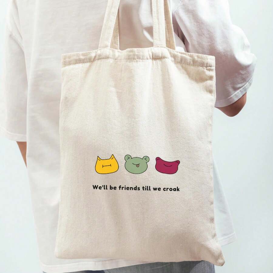 Funny Frog Tote Bag – Canvas Hand Painted Shopping Tote Bag Perfect For Friendship Gift - Beige - View 1