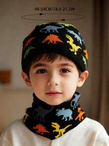 1 set Berretto a maglia con dinosauro unisex per bambini - Berretto termico foderato con motivo a dinosauro e scaldarcollo abbinato per avventure all'aperto, giochi invernali, attività scolastiche - 1 set - Visualizzare 3