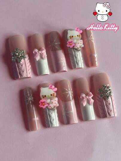 Sanrio Rediscover Nail Sophistication,Sanrio Christmas Hello Kitty 24pcs Long Square 3d Gel Pink & White French Tips Press On Nails With Cute Winter Hello Kitty ,Pink Bow And Snowflake Decoration, Perfect Fit Acrylic False Nails Set, Including 1 Jelly Gule And 1 Nail File, Sanrio Nails For Girls Daily Life, Party And Gathering Use
