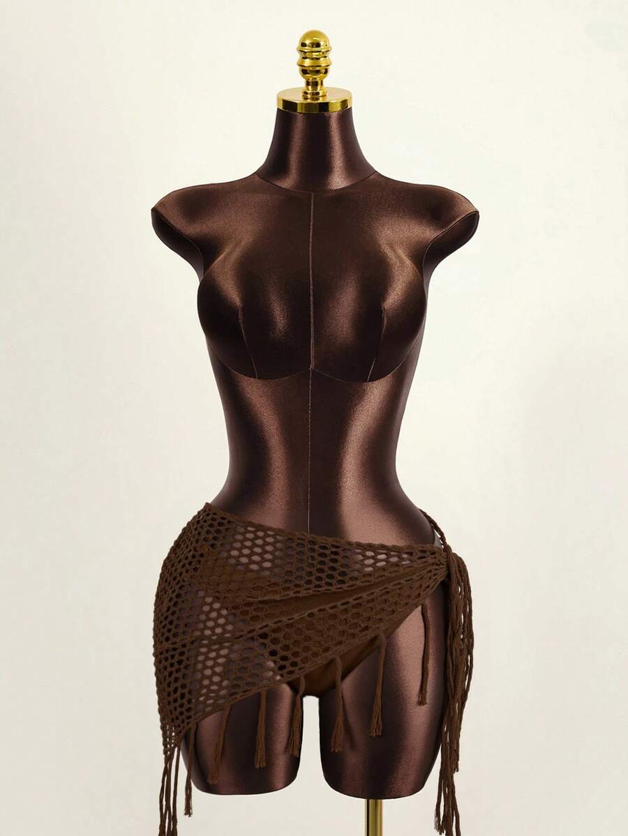 Zestiva 女士棕色流苏网眼针织打结透视罩衫，性感海滩音乐节服装，春夏 - 巧克力棕 - 查看 1