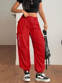 Street Style Flap Pocket Side Drawstring Waist Zipper Detail Button Hem Cargo Jogger Pants - Red - View 6