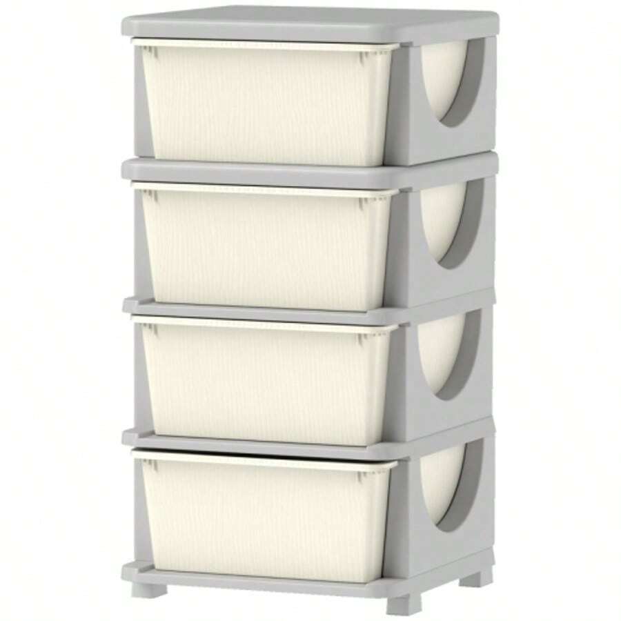 HOMCOM Kids' Storage Boxes, 4 Large Drawers, Rounded Edges, Plastic, 37 X 37 X 76 Cm, Cream White - Beige - View 1