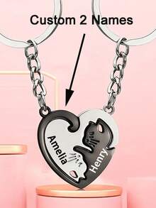 Personalized Pair Of Black And White Cat Keychains, Cat Design Heart-Shaped Separate Matching Keychain Set, Customized 2 Name Heart Cat Keychains, Couple Name Jewelry, Unique Birthday, Anniversary, Christmas Gift For Best Friends, Couples, Partners - Multicolor - View 1