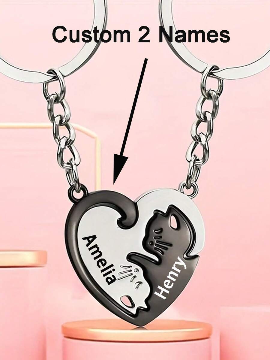 Personalized Pair Of Black And White Cat Keychains, Cat Design Heart-Shaped Separate Matching Keychain Set, Customized 2 Name Heart Cat Keychains, Couple Name Jewelry, Unique Birthday, Anniversary, Christmas Gift For Best Friends, Couples, Partners - Multicolor - View 1