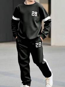2件套青少年男孩春秋印花运动衫和裤子休闲装 - 黑色 - 查看 5