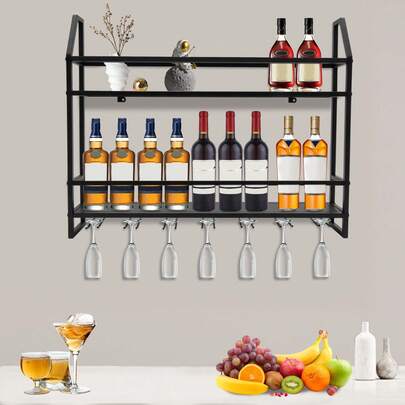 Bazargame Wall Mounted Wine Rack, 2-Tier Industrial Metal Bottle Cabinet With 2 Shelves And A Cup Holder For 20 Bottles & 7 Goblets, Multi Functional Wine Storage Display Rack For Bar Home Kitchen