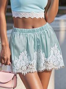 Summer Satin Mini Shorts With Lace Ruffles And Casual Shorts For Women At The Beach - Sky Blue - View 4