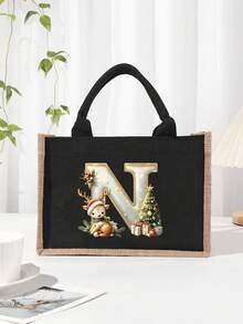 Men's Casual Tote Bag, Large Capacity Shopping Bag, Linen Beach Tote Bag Christmas Theme 26 Letter Print Commuter Tote Bag Yellow Linen Tote Bag, Shopping Bag With Gold Letter And Flower Print, Large Capacity Reusable Shopping Bag Laptop Bag Christmas Bags