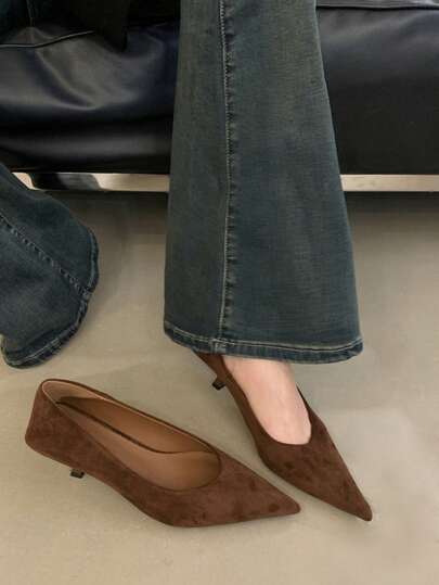 2026 New Pointed Toe Slim Heel High Heels Elegant Slim Suede Low Vamp Commuter Women Shoes, Mid Heel Office/Work Shoes