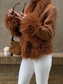 Brązowa kurtka damska SOLTRB z futra syntetycznego w stylu vintage, idealna na wakacje i sylwestra - Brązowy - Zobacz 7