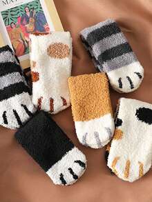 6 Pairs Women's Autumn/Winter Coral Fleece Cute Cartoon Animal Pattern Fashion & Breathable Mid-Calf Socks