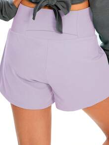 1pc Women Solid Color 2 In 1 Pocket Tight & Lift Sports Shorts, Comfortable & Versatile Nylon Shark Skin Tennis Shorts For Summer - Màu tím hoa cà - Xem 4