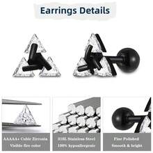 Unisex Geometric Triangle Stud Earrings, Stainless Steel Minimalist Cubic Zirconia Pierced Post Earrings For Men Women{Inchstyleinch:InchThreeZircons-Blackinch} - ThreeZircons-Đen - Xem 6
