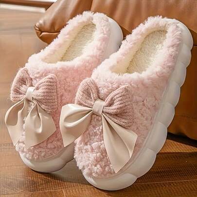Women'S Cozy Fleece Slippers With Bow Detail - Soft, Warm, And Quiet House Shoes For All Seasons, Perfect For Christmas, Allseason Slippers|Decorative Bow Design|Soft Thermal Lined, Slippers For Indoor Use