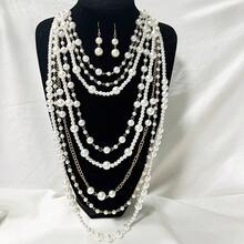 Multi-layer high-end pearl necklace temperament versatile sweater chain high-end long earring set