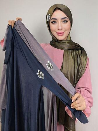 1pc Fashionable Heavily Embellished Rhinestone Tie Hijab For Abaya