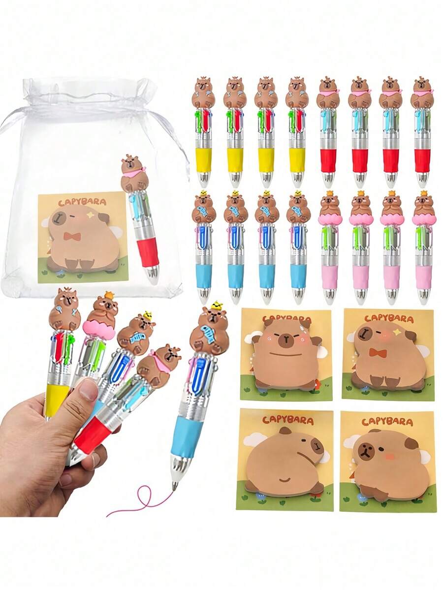 60 件/20 套儿童生日礼物儿童生日礼物儿童生日礼物客人详情儿童生日水豚圆珠笔散装 4 合 1 多色圆珠笔带可爱卡通水豚便签适合生日礼物、奖品、派对礼物（随机） - 彩色 - 查看 1