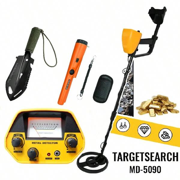 High Sensitivity MD5090 Metal Detector - Adjustable, Easy To Use, Suitable For Treasure Hunting And Archaeology, Can Detect Coins, Gold Coins, Silver Coins, Etc. Comes With GP Pointer And Shovel (Batteries Not Included)