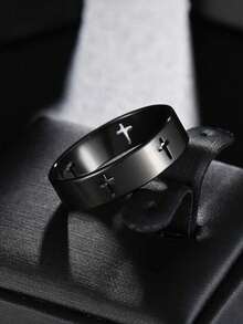 Fashionable and Popular Men Cross Hollow Out Ring Stainless Steel for Jewelry Gift and for a Stylish Look - Black - View 4