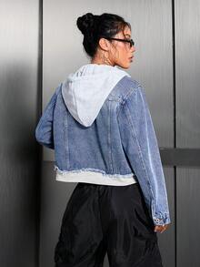 翻盖口袋抽绳连帽二合一牛仔外套休闲款 - 中等水洗藍 - 查看 2