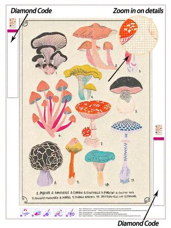 |5D DIY 钻石画|植物知识 DIY 钻石艺术套装，各种蘑菇帆布墙面艺术印刷品。家居装饰钻石画，马赛克套装，DIY 自己的墙面艺术，享受动手的乐趣，馈赠亲朋好友的最佳礼物