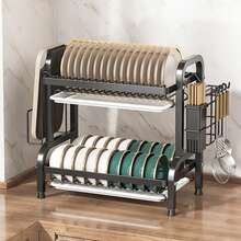 Escurridor de Trastes, Escurridor de Platos de 2 Niveles, Escurridor de Platos Acero Inoxidable con Bandeja de Goteo,Estante para Encimera de Cocina con Soporte para Cubiertos Extraíble - Negro - Ver 2