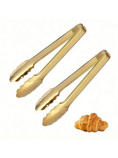 2PCS Golden Food Tongs, Stainless Steel Kitchen Tongs With Scalloped Edges, Multipurpose Serving Tongs For Cooking, Grilling, Buffet, Salad, Pastry, Perfect For Holding Croissants, Fruits, Vegetables And More