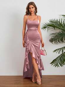 Women Summer Dress, High-End Elegant Sexy Spaghetti Strap Ruffle Hem Slit Dress Party Dress For Women, Suitable For Valentine's Day, Dates, Gatherings, Parties, Travel, Vacation, Beach Wedding Spring - 藕粉色 - 查看 2
