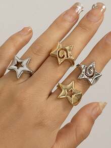 2pcs/Set Minimalist Style Hollow Star Adjustable Rings Set For Women, Gold & Silver - Star - View 1