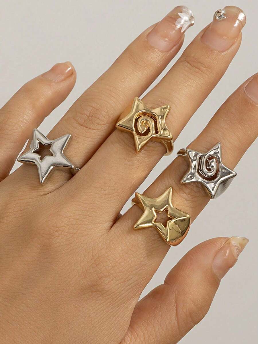 2pcs/Set Minimalist Style Hollow Star Adjustable Rings Set For Women, Gold & Silver - Star - View 1