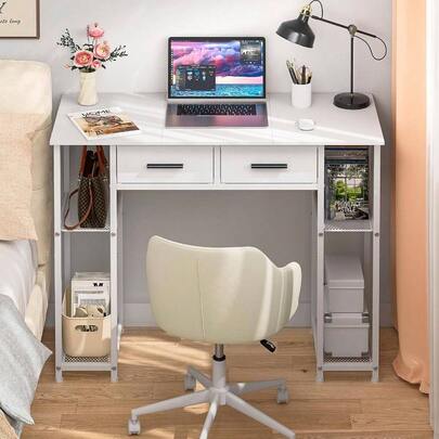 White Computer Desk With Drawers, 37.3 Inch Home Office Work Desk With Storage Shelf, Teens Study Table Small Space, Small Writing PC Table Bedroom Vanity Desk