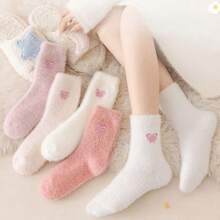 1pair/3pairs/5pairs Pink Faux Fur Socks, Warm Thickened Mid-Calf Socks For Winter, Embroidered Butterfly & Heart Long Socks - Multicolor - View 3