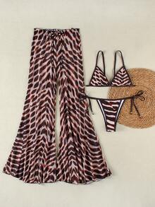Women's Zebra Print Sexy Elegant Casual Bikini Set With Coverup And Pants, Suitable For Beach, Vacation, Party And Date, Spring/Summer - Multicolor - View 3