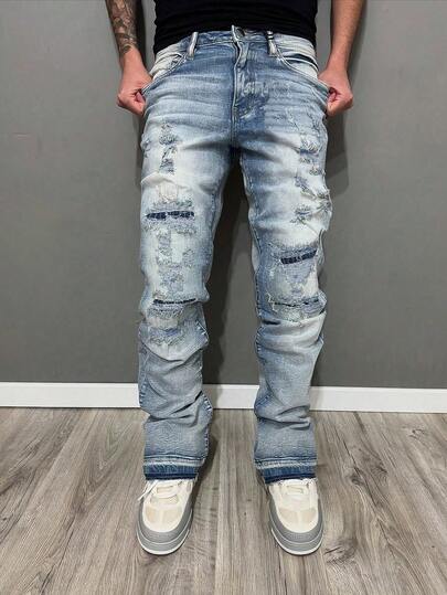 Jeans ajustados y entallados para hombres con roturas, jeans con pierna acampanada y bajo deshilachado, de tela de algodón con bolsillos laterales, de estilo casual versátil